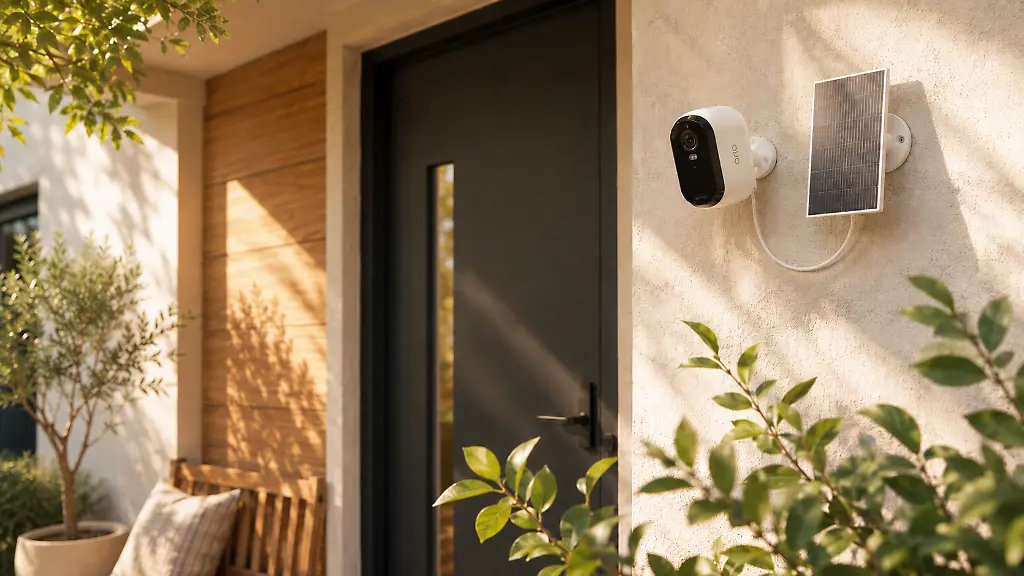 Zwei Arlo-Kameras mit Solarpanels im Angebot